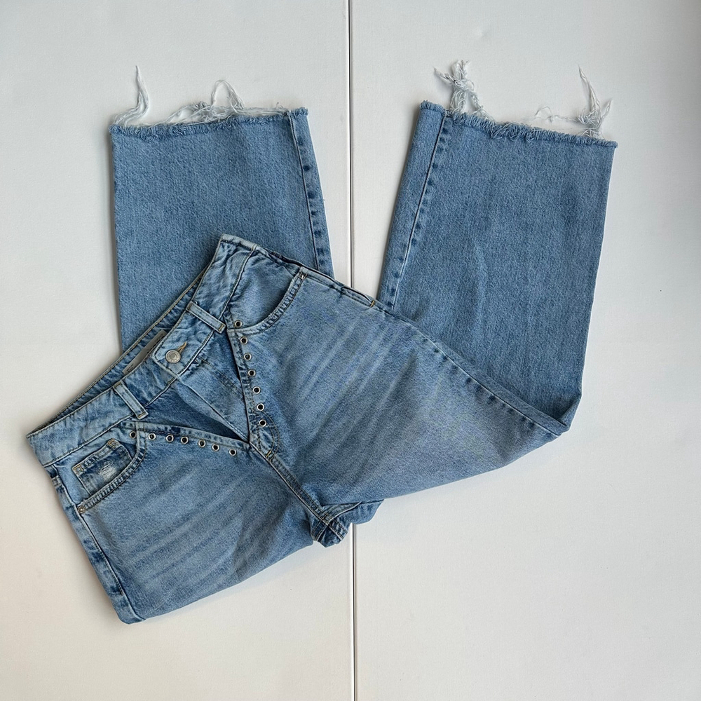 Topshop Blue Denim Wide Leg High-waisted Raw Hem Women Jeans Size 28